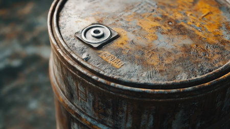 Close-up of the top of a metal oil barrel, showing the lid and markings with high detail.の素材