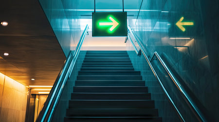 Green emergency exit sign with an arrow pointing down, positioned above a stairwell in a corporate office.の素材