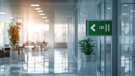 Green emergency exit sign pointing to a glass door in a bright, open-plan office.の素材