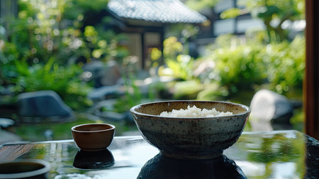Freshly cooked rice in a ceramic bowl, placed in a serene Japanese garden-inspired setting.の素材