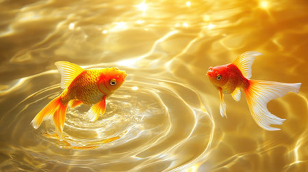 Goldfish swimming in a pond with golden sunlight reflecting on the rippling water surface.の素材