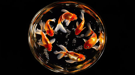 Goldfish swimming in a circle in a round glass bowl, with reflections shimmering on the surface.の素材