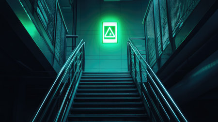 Fire escape sign glowing in green above a staircase with sleek steel railings in an office space.の素材
