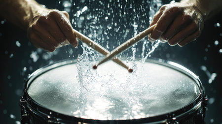 Hands holding drumsticks striking a snare drum, water splattering in a symmetrical pattern under bright white light.の素材