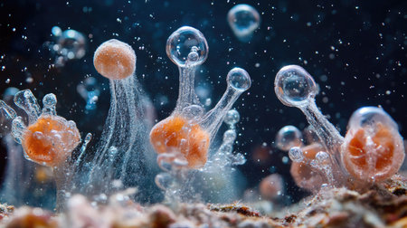 High-speed shot of air bubbles racing upward in front of a deep blue underwater backgroundの素材