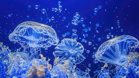 High-speed shot of air bubbles racing upward in front of a deep blue underwater backgroundの素材