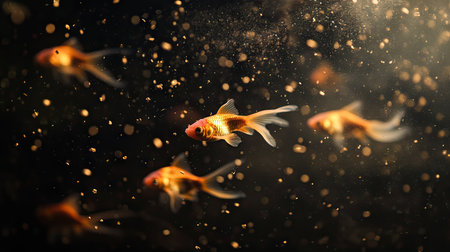 Goldfish exploring the bottom of a pond, stirring up small particles with their gentle movements.の素材
