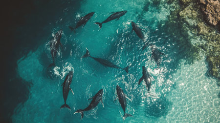 Group of humpback whales swimming and diving in a circular formation in clear ocean waters.の素材