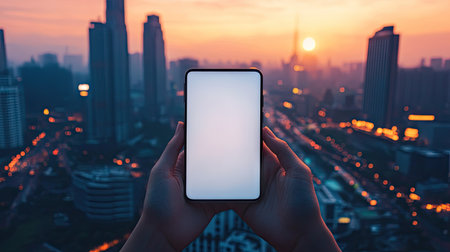 Hands holding a smartphone with a blank screen against a bustling city skyline at sunsetの素材