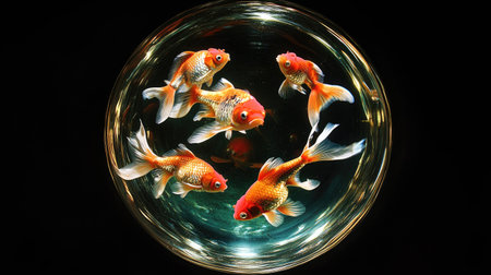 Goldfish swimming in a circle in a round glass bowl, with reflections shimmering on the surface.の素材