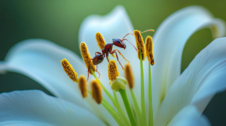 Macro shot of an ant exploring the stamen of a white lily in full bloom, with its details sharply focusedの素材