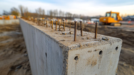 Large industrial-grade nails resting on a concrete block at a construction siteの素材