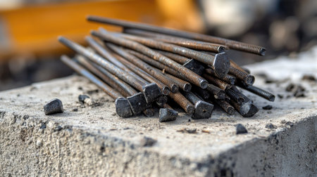 Large industrial-grade nails resting on a concrete block at a construction siteの素材