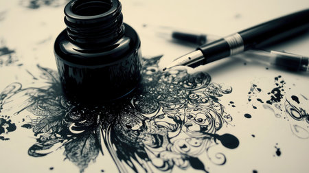Monochromatic black and white scene of an ink bottle, pen, and intricate ink blot designs.の素材