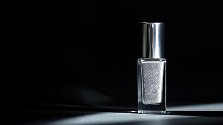Nail polish bottle with glittery silver polish placed under a soft spotlight against a black backgroundの素材