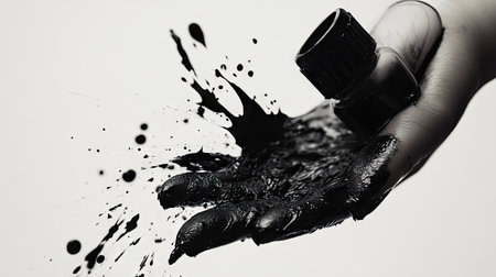 Ink spilling from a bottle onto a hand, creating a dramatic and messy aesthetic.の素材