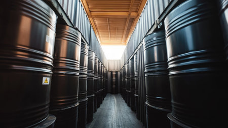 Metal oil barrels stored inside a shipping container, ready for international transport.の素材
