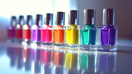 Rainbow-colored nail polish bottles lined up in a row, reflecting light on a shiny white surfaceの素材