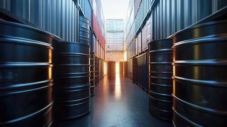 Metal oil barrels stored inside a shipping container, ready for international transport.の素材