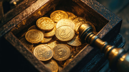 Key unlocking a safe filled with gold coins, symbolizing the rewards of hard work and strategyの素材