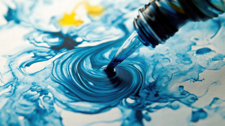 Macro shot of ink flowing from a bottle, creating swirling patterns as it meets paper.の素材