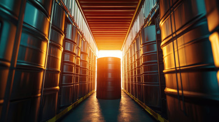 Metal oil barrels stored inside a shipping container, ready for international transport.の素材