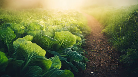 Lush green cabbage heads growing alongside a dirt path in a well-maintained fieldの素材
