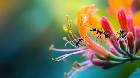 Macro shot of a cluster of ants gathering nectar from the vibrant blooms of a honeysuckle flowerの素材