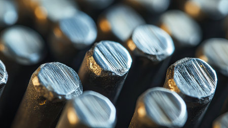 Macro shot of the sharp tips of metal nails lined up in a diagonal patternの素材