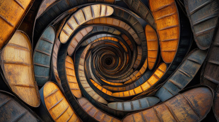 Oil barrels stacked in a spiral pattern, photographed in an artistic and symmetrical style.の素材