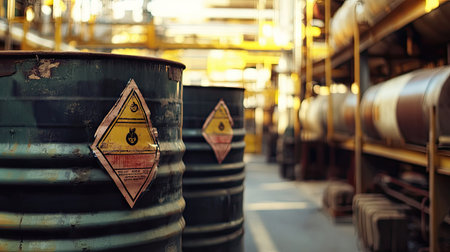 Metal barrels with hazardous material labels stacked near a factory, emphasizing safety concerns.の素材