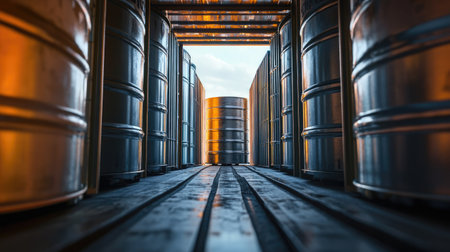 Metal oil barrels stored inside a shipping container, ready for international transport.の素材