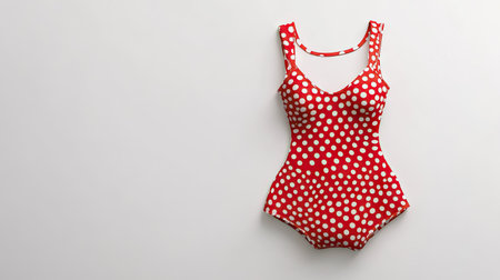 Playful polka-dotted two-piece swimsuit in bright red and white, set against a pure white backgroundの素材