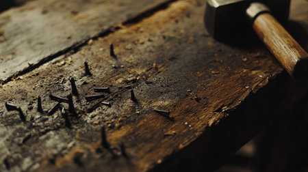 Nails partially embedded into a wooden plank, with a hammer resting nearbyの素材