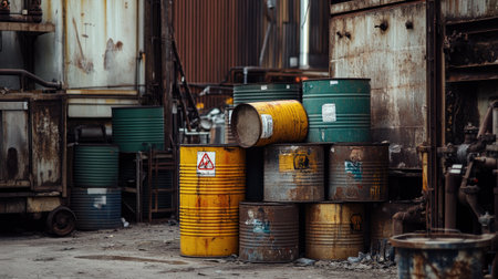 Metal barrels with hazardous material labels stacked near a factory, emphasizing safety concerns.の素材