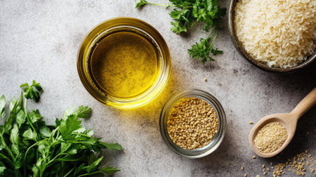 Modern kitchen aesthetic with rice bran oil in a bowl, rice grains, and fresh herbs on a countertop.の素材