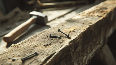 Nails partially embedded into a wooden plank, with a hammer resting nearbyの素材