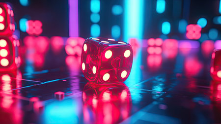 Red dice glowing under neon lights, with a futuristic vibe on a reflective surfaceの素材