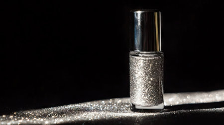 Nail polish bottle with glittery silver polish placed under a soft spotlight against a black backgroundの素材