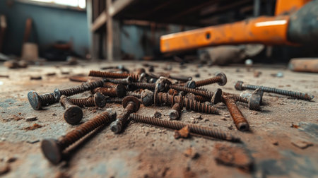 Rusty nails and screws scattered on a construction site floor, with tools in the backgroundの素材