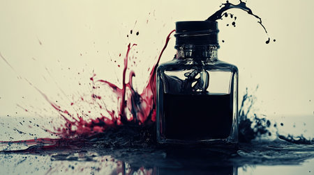Overturned ink bottle with ink dripping off the edge of a glass table, creating bold stains.の素材