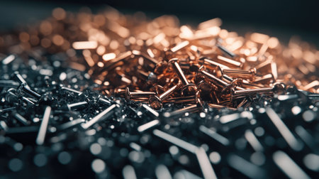 Small pile of copper nails standing out against a mix of stainless steel nailsの素材