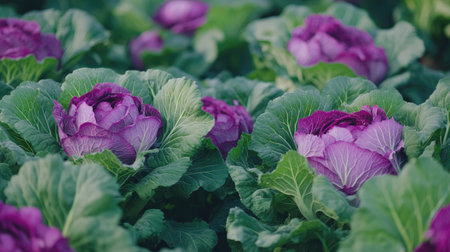 Purple and green cabbage heads growing side by side in a colorful and vibrant fieldの素材