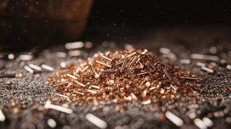 Small pile of copper nails standing out against a mix of stainless steel nailsの素材