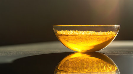 Rice bran oil bowl placed on a reflective surface with rice grains glowing in soft studio lighting.の素材