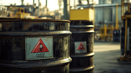Metal barrels with hazardous material labels stacked near a factory, emphasizing safety concerns.の素材