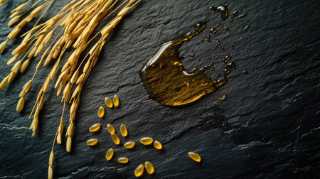 Rice bran oil with rice grains and a drizzle of oil creating an artistic pattern on a dark slate.の素材