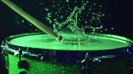 Slow-motion effect of water droplets dancing above a snare drum struck by wooden drumsticks under neon green light.の素材