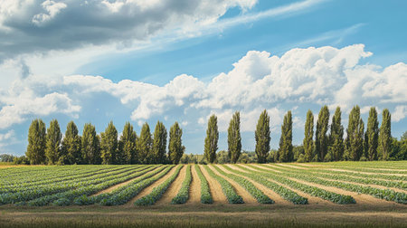 Rows of cabbages growing in a field bordered by tall trees, under a partly cloudy skyの素材