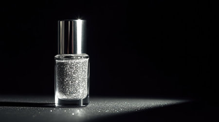 Nail polish bottle with glittery silver polish placed under a soft spotlight against a black backgroundの素材